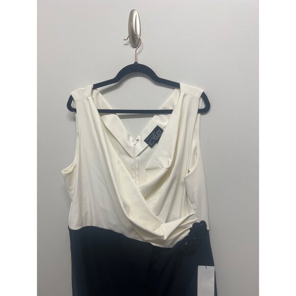 Plus Size Black & White Sleeveless Draped Dress With Beaded Detail Elegant Midi - Picture 2 of 9